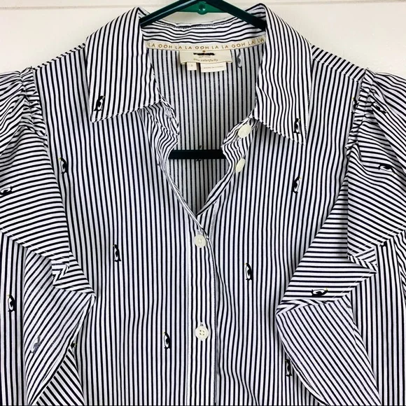 NWOT Kate Spade Penguin Print Stripe Ruffle Blouse - Picture 6 of 7